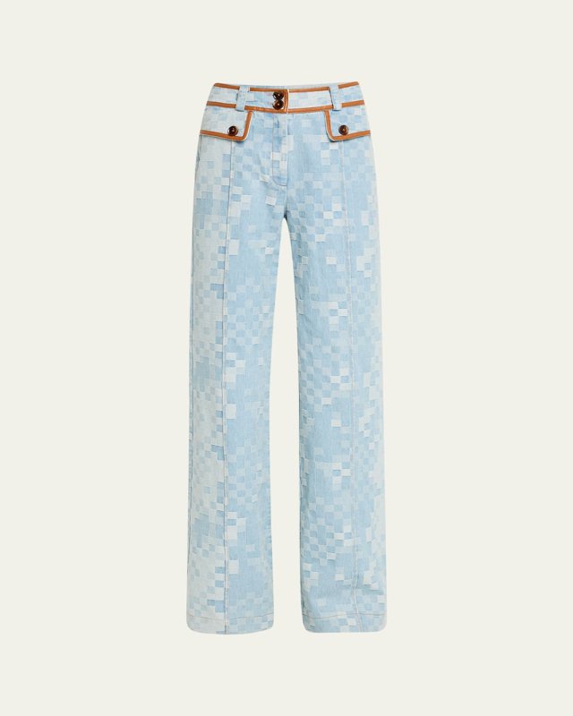 Paula Checkered Denim Wide-Leg Pants